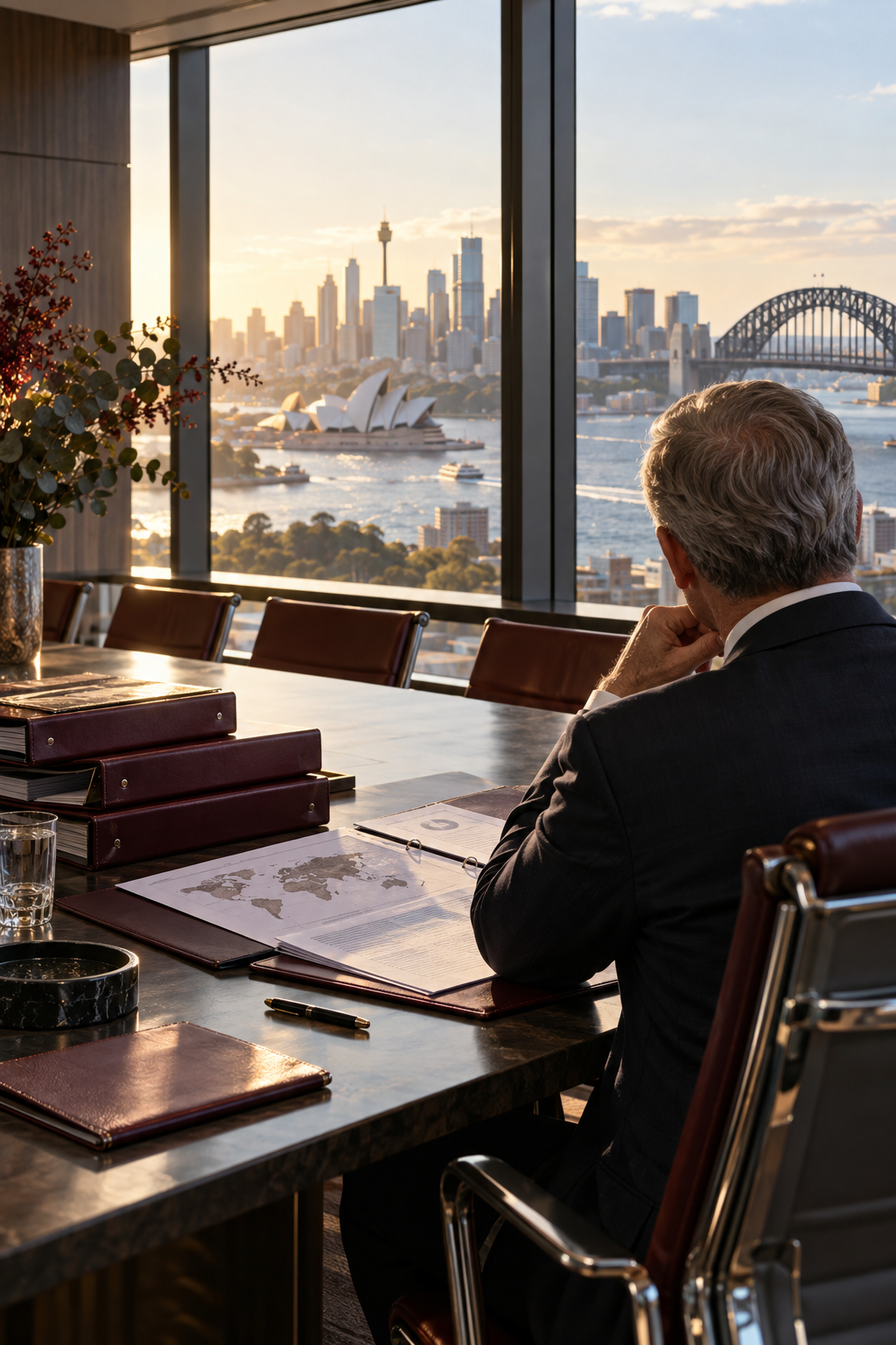 An anonymous business leader reviewing documents in a boardroom